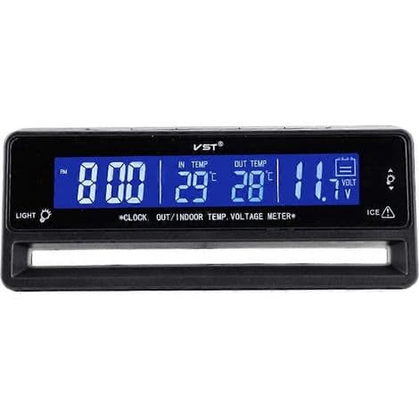 Biltermometer voltmeter til indendørs og udendørs brug, baggrundsbelyst vækkeur, bilpynt, måler temperatur og batterispænding.