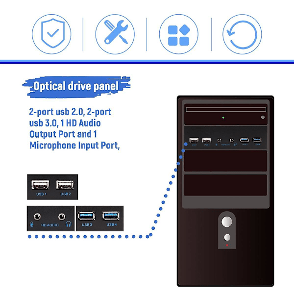 5,25 tommers stasjonær PC-kabinett intern frontpanel USB-hub 2 porter USB 3.0 og 2 porter USB 2.0 med HD-lydport 20-pinners kontakt