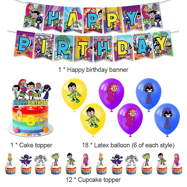 Teen Titans Go Tema Børnefødselsdagsfest Dekorationer Banner Cupcake Toppers Balloner Sæt Rekvisitter