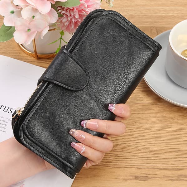 Elegant Leather Women's Wallet - Practical Mobile Bag with Card Holder Black