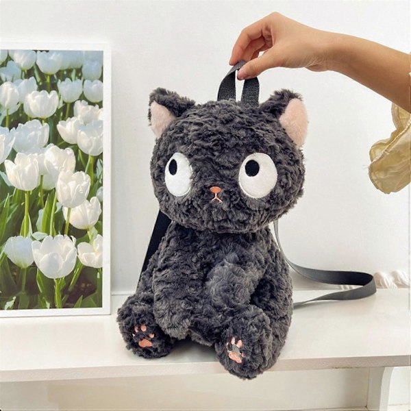 Söt Svart Katt Plysch Ryggsäck - Mjuk & Fluffig Gosedjursväska för Barn, Perfekt för Skola, Resor, Födelsedagspresenter