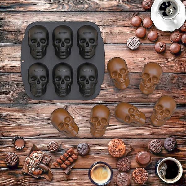 Halloween Kraniekageform Silikoneform, 6 Hulrum Piratkranie 3D Silikoneform Bageform, Brun bs