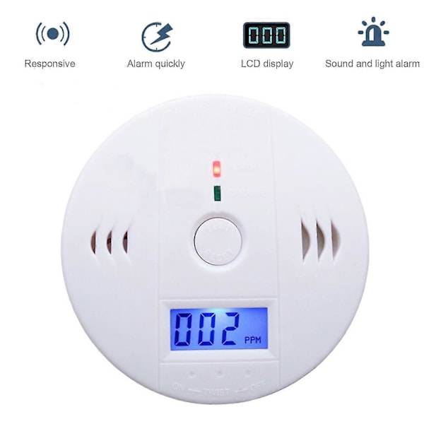 Kuliltealarmdetektor CO-alarmdetektor batteridrevet med LCD-display og stemmeadvarsel