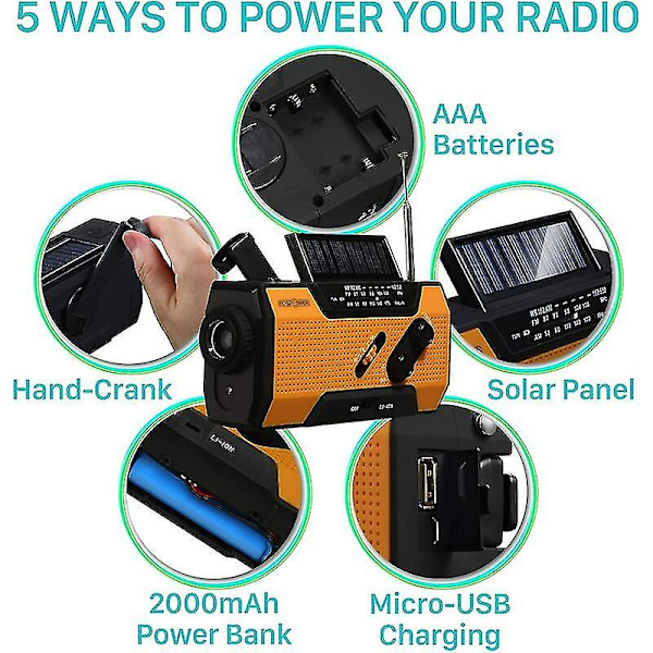 Väderradio för nödsituationer 2000mah (modell A1) Solcell/vev/batteridriven portabel batteriladdare med AM/FM, LED-ficklampa, SOS-larm för vandring och