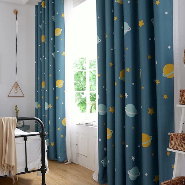 Polyester Mörkläggningsgardiner Tecknad Blå Planeter Ljussäker Gardin, för Sovrum Barnrum Vardagsrum (100×250 cm) (1 st)