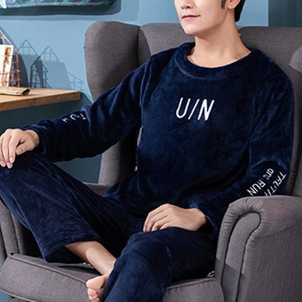 2023 efterår og vinter pyjamas for mænd, fortykket varm flannel pyjamas langærmet kongeblå XL-jbk