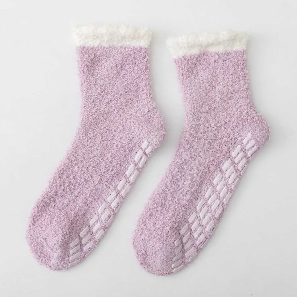 Tradisjonelle sokker anti-skli sokker for kvinner med selvklebende prikker lys lilla 2 par