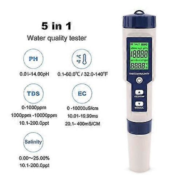 Ph Meter, Ez-9909 5 I 1 Høj Nøjagtighed Bærbar Digital Vandkvalitetstester, Fo