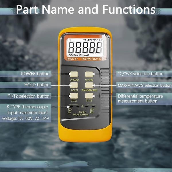Handhållen Termoelementtermometer, 2 Kanaler K-Typ Termoelementprob 4 Termoelement, Mätning Ra