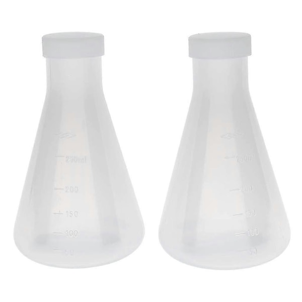 Laboratoriossa käytettävä mitta-asteikolla varustettu muovinen Erlenmeyer-kolvi, mitattavissa oleva, sileä paksu seinämä, kaksi pulloa O