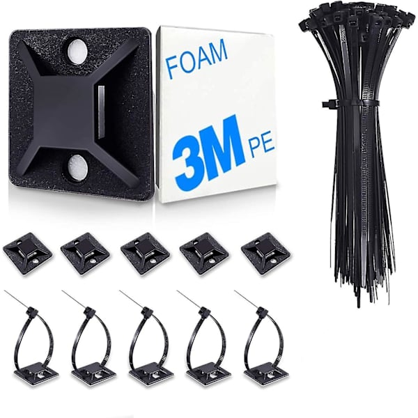 100 Pakk Zip Tie-feste med Kabelbinder, Selvklebende Monteringer for Wire Holder, Svarte Kabelstyringsklips Vegganker