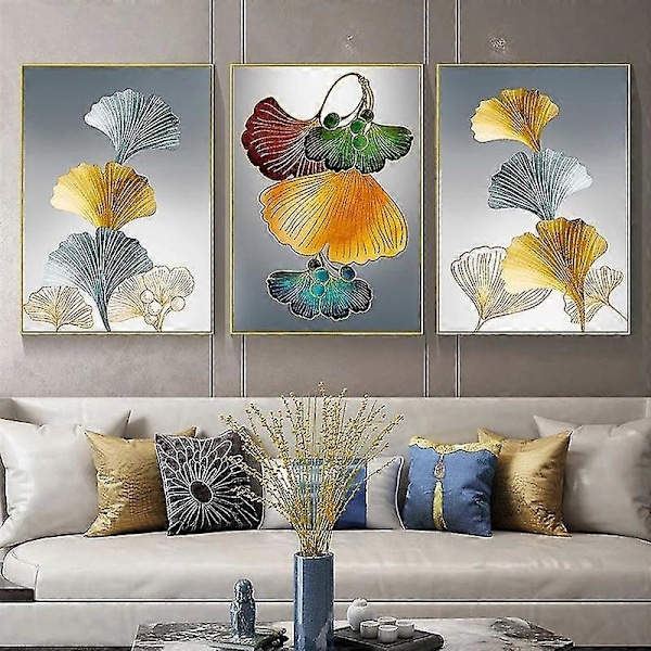 Sett med 3 Plakat Veggkunst, Ginkgo Linje Gullblad Kunst Maleri Trykk