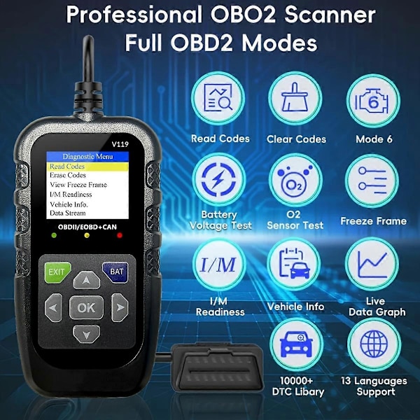 OBD2-skanneri jännitetestillä, V119 Auton Vikakoodinlukija, USB-virralla toimiva Moottorin Vikaskanneri, EOBD CAN Diagnostiikkatyökalu OBDII-protokollan ajoneuvoille