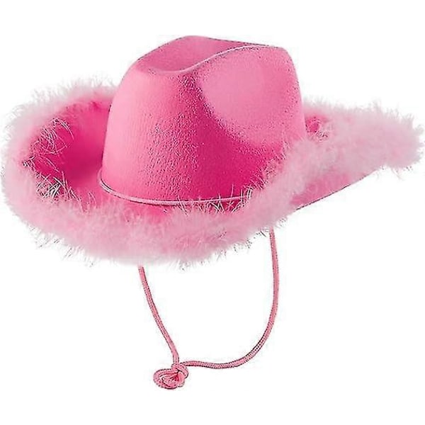 Dame Mode Pink Cowboy Hat med Fjer Fluffy Fjer Kant Voksen Størrelse Western Cowboy Hat til Kvinder Piger, 30*40cm