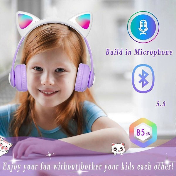 Bluetooth-hodetelefoner for barn, sammenleggbare trådløse hodetelefoner med LED-lys, katteøre-spillhodetelefoner