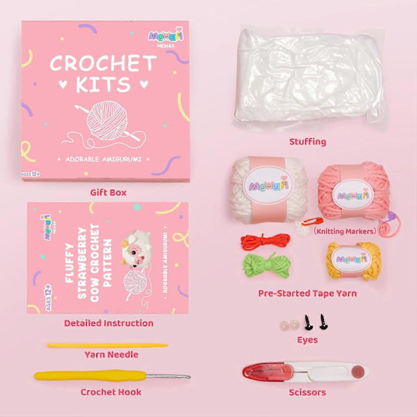 Virka Kit för Nybörjare, Komplett DIY-Kit Djur med 40%+ Förstartad Tejpgarn Steg-för-steg Videohandledning för Vuxna Barn (Fluffig Ko)