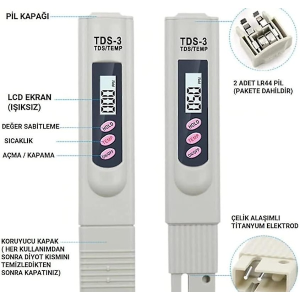 TDS-3 Bærbar Digital LCD Drikkevandsmåler Tester Pen Vandkvalitetsmåler Temperatur og PPM Vandrenhedstester 0-9990 PPM Drikkevand Hydro