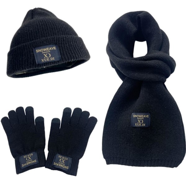 Vinter Beanie Hat Scarf Handsker Sæt Solid Tyk Varmt Elastisk Vindtæt Udendørs Strikket Hat Hals Farve: Sort