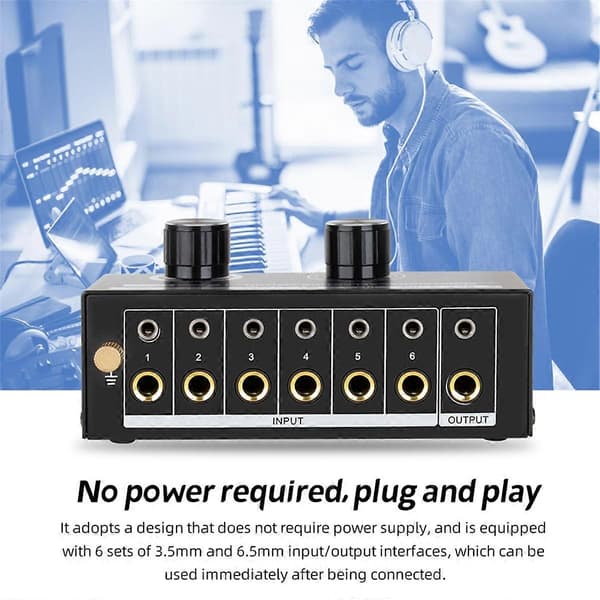 Audio Switcher - 6-veis 3.5/6.35mm Stereo Audio Switch - Signal Kilde Switcher Selector Splitter Boks