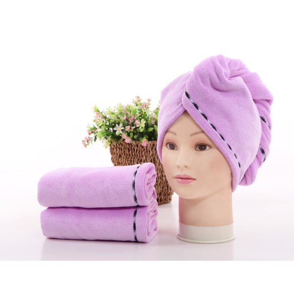Pakke med 2 håndklædeindpakket superabsorberende hårtørrehætter med knapper 24*64 cm light purple