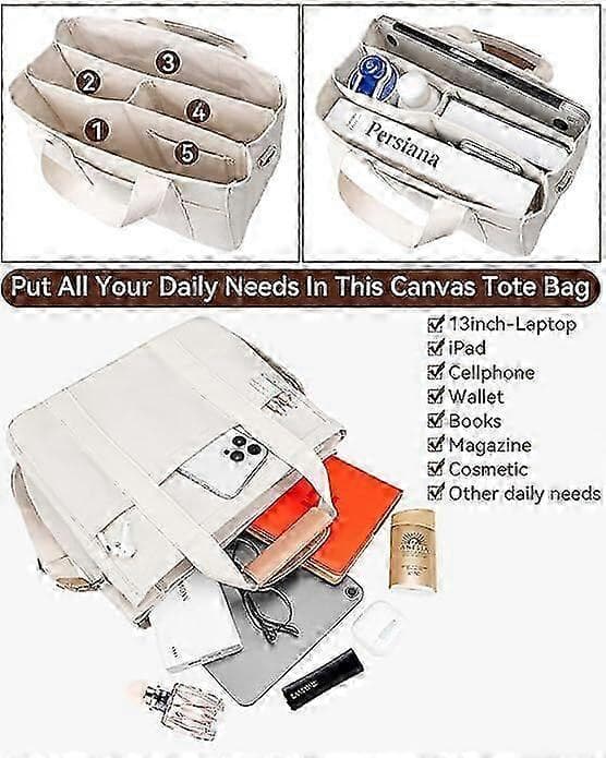 Canvas Tote Bag med flere lommer, hvit