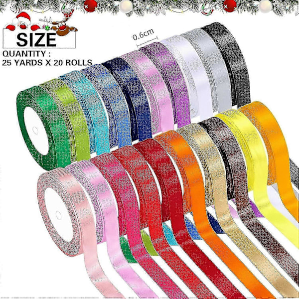 20 Rullar Tygband Silke Satin Rulle - 20 Färger, 500 Yard, DIY Hantverk