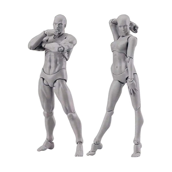 Kroppsdukke, Kunstner Mannequin Blokkhode Leddet Mannequin Tegnefigurer Mann+kvinne Sett (grå)-B8