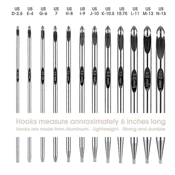 Tunisisk Virknålsset med Kabel 6-Tums Aluminium Utbytbara Virknålar Set 3mm-10mm Lång