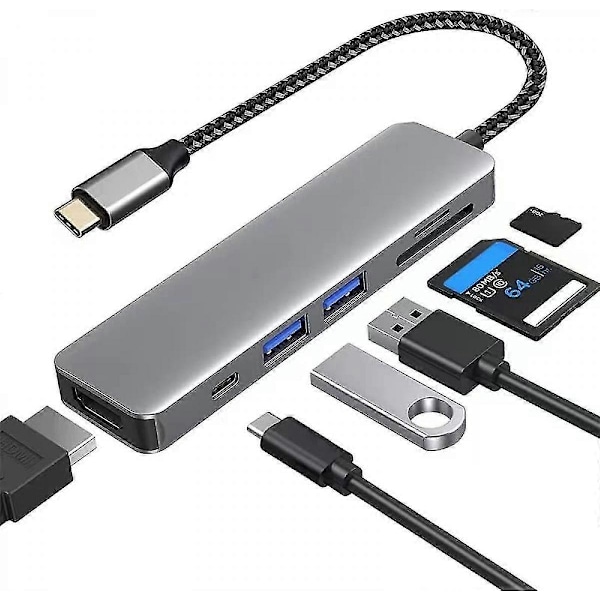 6-in-1 USB-C-keskitin, monitoiminen sovitin, Mac-sovitin 4K HDMI:llä, 100 W nopea lataus, USB-C ja 3 USB-A 5 Gbps dataliitäntää, USB 2.0