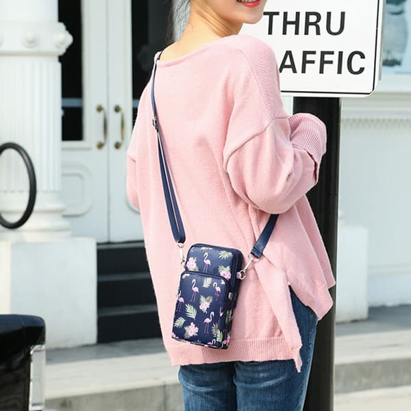 Multifunctional Bag for Large Screen Phone and Accessories with Adjustable Strap Flamingo Pattern