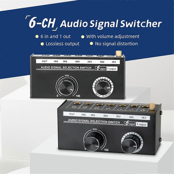 Audio Switcher - 6-veis 3.5/6.35mm Stereo Audio Switch - Signal Kilde Switcher Selector Splitter Boks