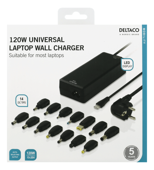 Bærbar oplader, 15-20 V, 8 A, 120 W, LED-display, sort