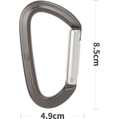 Klättersäkerhetskarbinhake, aluminiumlegering, D-formad, för hängmatta och nyckelring, grå kropp, silverfärgad skaft, snabbkoppling
