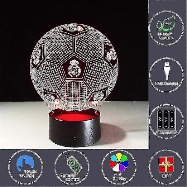 3D Optisk Illusion Real Madrid Fotboll Nattlampa Leksak, Fjärrkontroll, Dimbar, Batteri eller USB-driven, 7 Färger Byter Jul Födelsedagspresent F