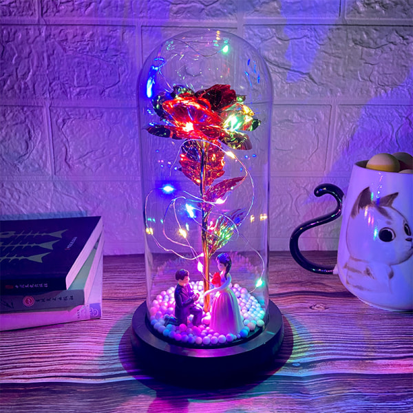 Valentinsdagsgave LED-lysemitterende dukkestil evig blomst kreative ornamenter，Bonus-Big Red Flower Proposal Model