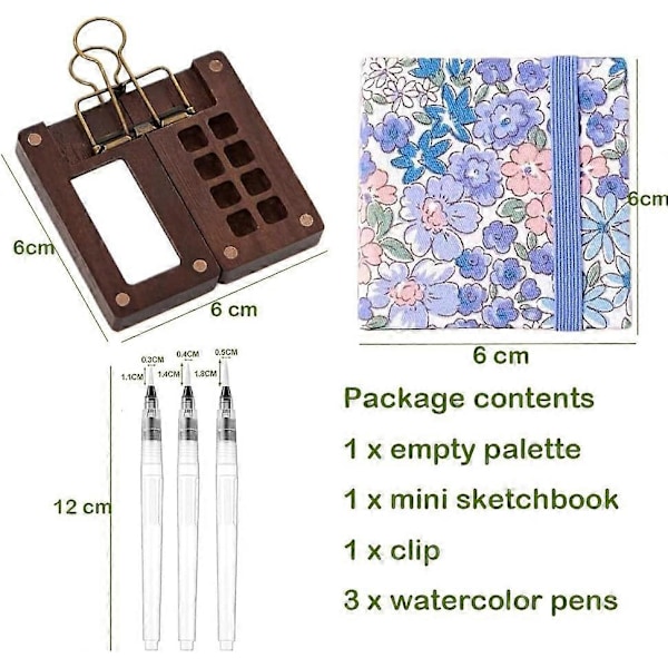 Bärbart Skissboks Palettset, 8-Facks Mini Rese-färgpalett i Trä för Akvarell, Gouache, Akryl, Inkluderar Journal, Penselpennor & Klämma