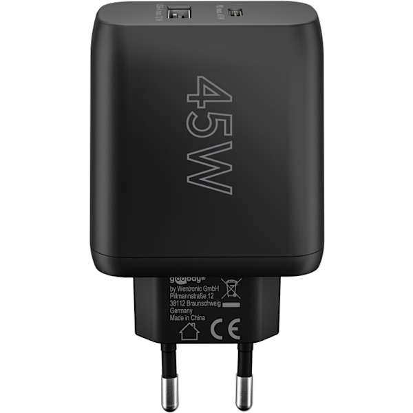 USB-C™ PD GaN dobbelt hurtigoplader (45 W) sort