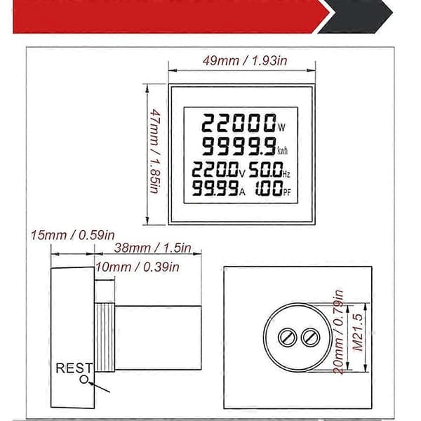 Energimåler, AC 50-300V 100A Mini Strømovervåger 6i1, LCD-display, Voltmeter, Amperemeter, Wattmeter, Fre