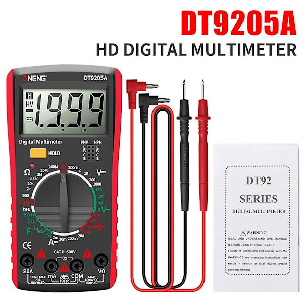 DT9205A Digitalt Multimeter AC/DC Transistor Tester Elektrisk NCV Test Meter Profesjonell Analog Auto Range Rød