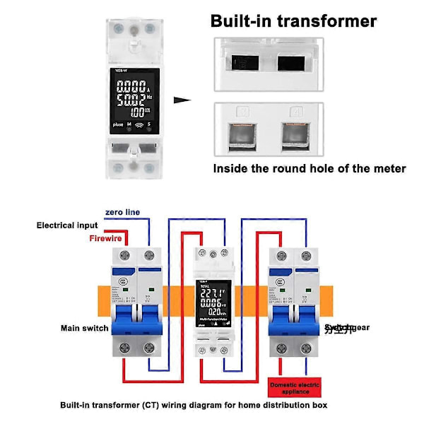 Tuya AC Digital Display Ström- och Spänningsmätare Multifunktionell DIN-skena Effektfaktor Digital Voltmeter