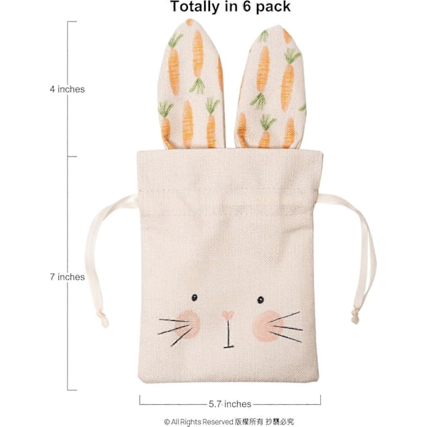 6-pack Kanin Presentpåsar för Påsk & Barnkalas, Kanin Linnepåsar med Dragsko, Baby Shower Favörer, Godispåsar