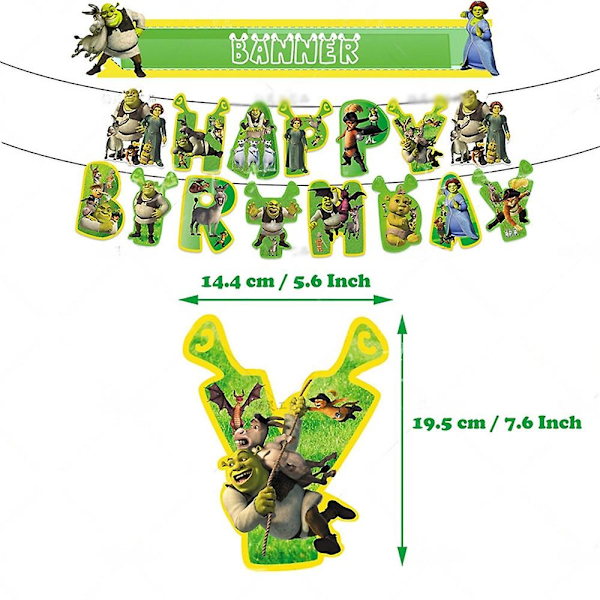 Shrek-tema bursdagsfestutstyr Dekorasjonssett Inkluderer banner Kake Cupcake Topper Ballongsett