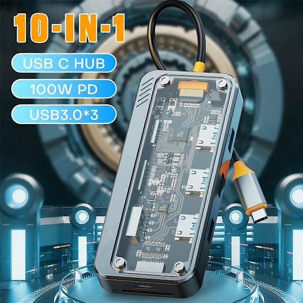 10-i-1 USB C-hubb, Ethernet USB-C Multiport Adapter, USB C Adapter Dockingstation för Pro/Air PC Laptop