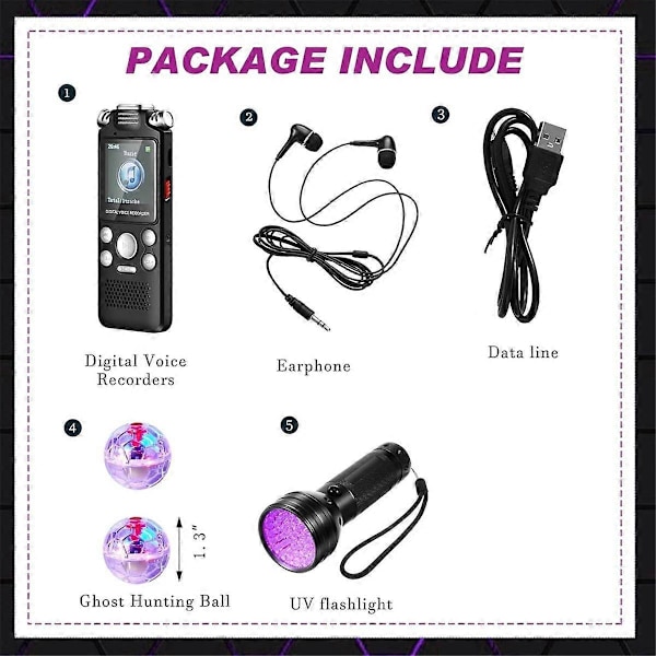 Spökjaktutrustning Kit 1 Digital Röstinspelare 2 LED Lysande Kattbollar och 1 UV Ficklampa Svart Ljus (16GB)