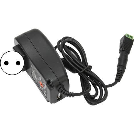 30W universel strømadapter med USB-interface og justerbar spænding 100-240V, europæisk standardstik.