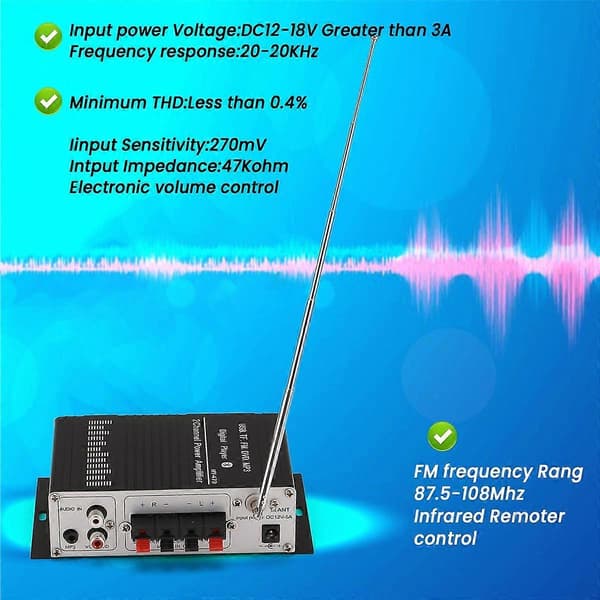 12V Digital Audio Effektforstærker Bluetooth 5.0 HIFI Diskant og Bas Audio AMP 20Wx2 til Hjemmebiograf Klubbil