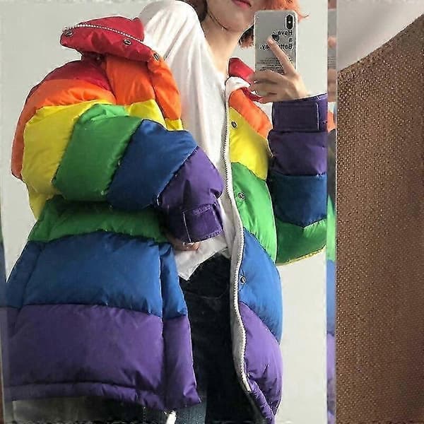 Barsinfi pol Casual Vinter Harajuku Dam Rainbow Parka Vadderad Jacka Lös Plus Size Randig Kappa