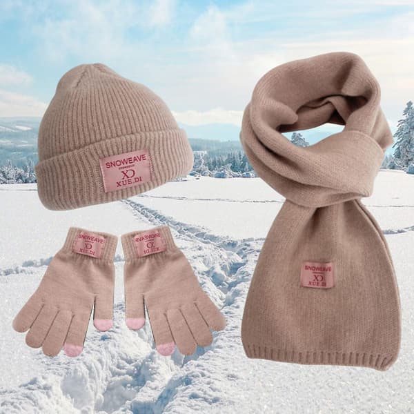 Vinterlue, skjerf og hansker sett - Solid, tykk, varm, elastisk, vindtett, strikket lue, halsfarge: Gul