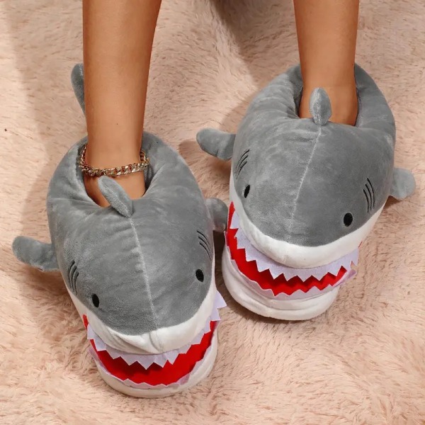 Cute Cartoon Shark Plys tøfler, sjove dyr indendørs nyhed hjemmesko, vintervarme hjemmetøfler-One size fits all