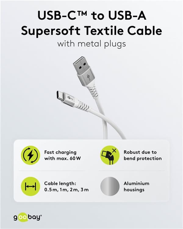 USB-C™ til USB-A supersoft tekstilkabel med metalkonnektorer, 3 m, hvid